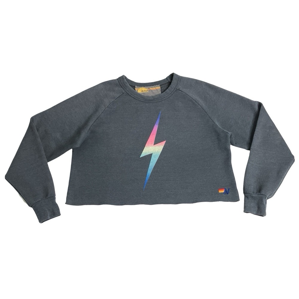 Aviator Nation Cropped Sweatshirt Womens Medium Gray Rainbow Lightning Bolt USA